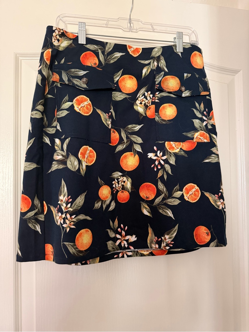 LOFT Navy Skirt with Orange and Olive Botanical Motif